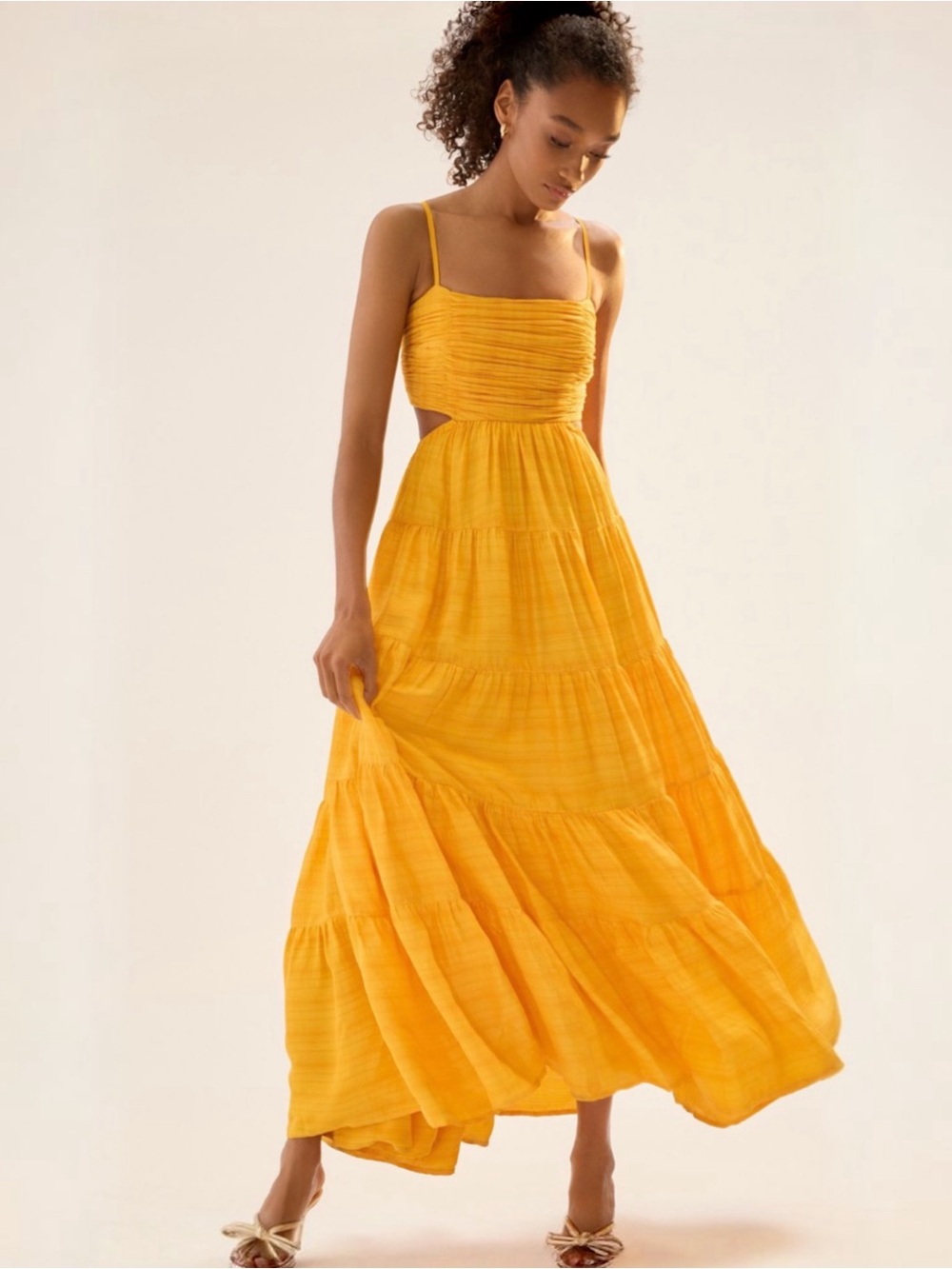 Anthropologie Let Me Be Mango Cutout Tiered Maxi Dress Open Back Large NWT - Picture 5 of 8